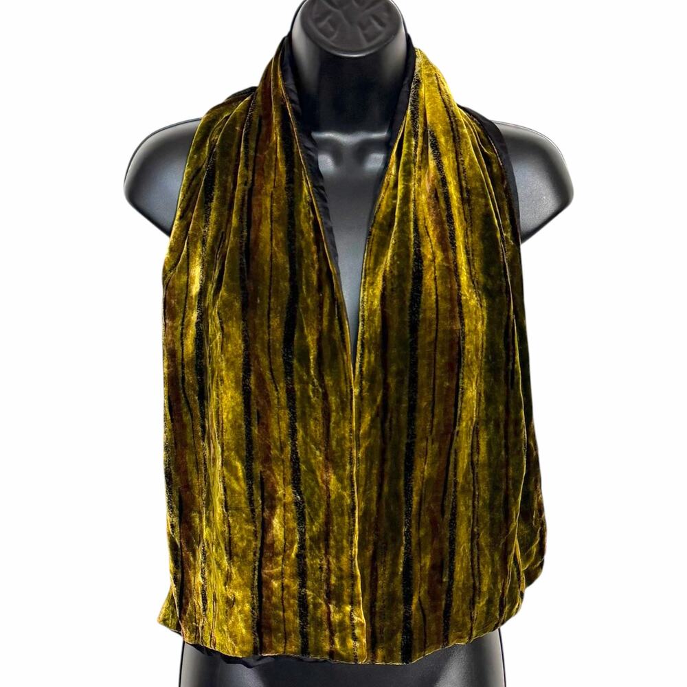 Vintage 90s Whimsigoth Crushed Striped Olive Green Velvet Scarf Satin Lined Boho